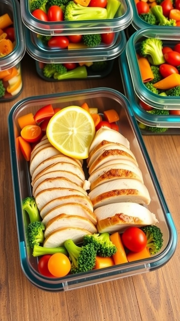 Air Fryer Chicken Meal Prep Recipe Meal prep container with sliced air fryer chicken, roasted vegetables, and a lemon wedge.